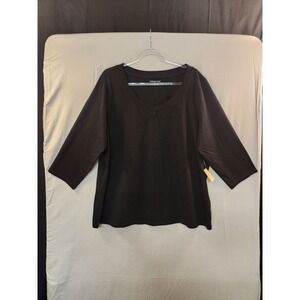 NEW Coldwater Creek Women's Black V Neck Top 100% Cotton Size 2X 3/4 sleeve Chic